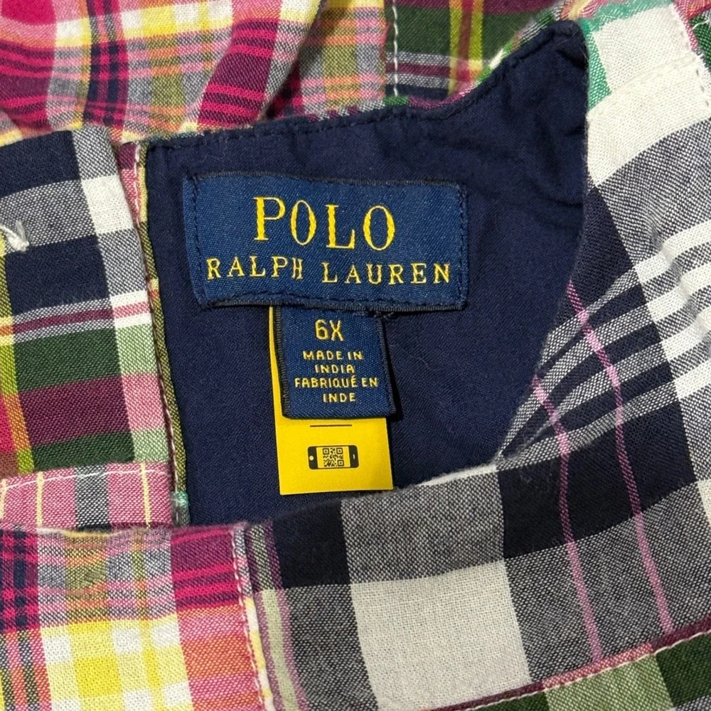 Polo Ralph Lauren Girls Patchwork Madras Plaid Ruffle Dress Multi-Color Size 6X